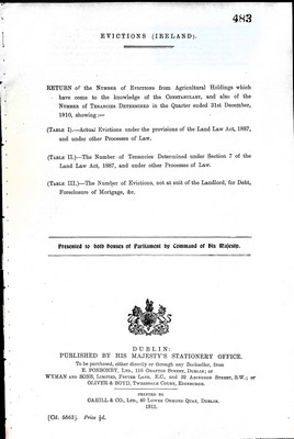  - Evictions ( Irelad ): Return of the number of Evictions from Agricultural Holdings which have come to the knowledge of the Royal Irish Constabularyin the quarter ended 31st December 1910 -  - KEX0309735