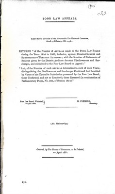 Mr. Mainwaring - Poor Law Appeals: The Number of Appeals made to the Poor Law Board during the years 1854 to 1860... -  - KEX0309737