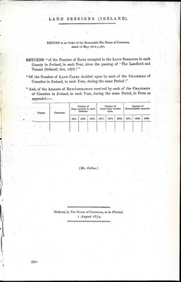 Mr.Callan - Land Sessions ( Ireland ) : The Number of Days occupied in the Land Sessions in each County in Ireland in each year since 1870 -  - KEX0309738