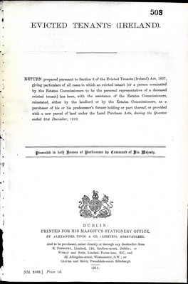  - Evicted Tenants ( Ireland) Return of all cases where an evicted tenant has been reinstated during the quarter ended 31st December 1910 -  - KEX0309739