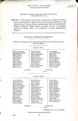  - Belfast College : The number and Names of Students attending the Theological Professors in the college of the General Assembly of the Presbyretian Church Belfast -  - KEX0309776