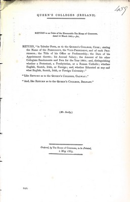 Mr Scully - Queens College Ireland Return stating the Name of the President , the Vice-President and of each Professor in Queens College Cork ,Galway and Belfast -  - KEX0309777