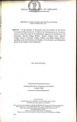 Mr Justin McCarthy - Royal University Of Ireland: Return of the Number of Students who have passed at The Royal University Examinations in i884. -  - KEX0309783