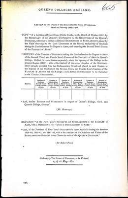 Mr. Hennessey. - Queens Colleges ( Ireland) Letter addressed from Dublin Castle in the Month of October1861 by the Secretary of the Queens University to the Registrars of the Queens Colleges.... -  - KEX0309787