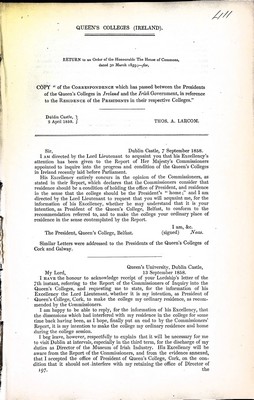 Mr Beamish - Queens Colleges  ( Ireland ) : Correspondence between the Presidents of the Queens Colleges in Ireland and the Irish Government in reference to Redidents of the Presidents -  - KEX0309791