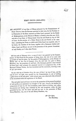  - First Fruits ( Ireland ): An Account of any sum of Money advanced by the Commissioners of First Fruits to the glebe Land of Ballymaglasson -  - KEX0309813