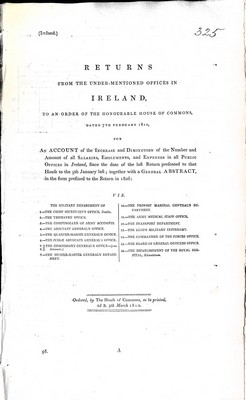  - Returns from the Under-MentionedOffices in Ireland: An Account of the Increase and Diminution of the number and Amount of Salaries,Emoluments and Expensesin all Public Offfices in Ireland -  - KEX0309820