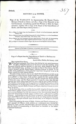  - ( Ireland): Return to an Order for Copy of a Warrent for Superanuating Mr Robert PigottSurveyor of Excise in Ireland -  - KEX0309825