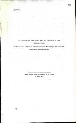  - ( Ireland) An Account of the Gross and Net Produce of the Excise duties on Malt, Tabooco and Spirits in each year from 1790 to 1818. -  - KEX0309837