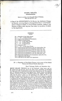  - Stamps Ireland : The Appointent of R.Meade late distributor of Stams for Limerick and of any Report of Corresponcdence from or to the Commissionerds of stamps in Ireland . -  - KEX0309857