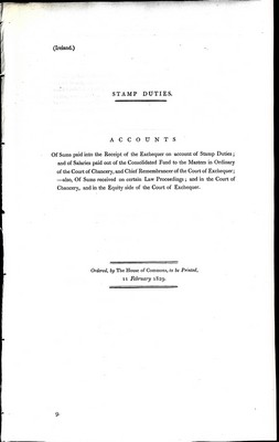  - ( Ireland ): Stamp Duties Accounts of Sums paid into the receipt of the Exchequer on account of Stamp Duties; and of salaries paid out of the consolidated fund -  - KEX0309864