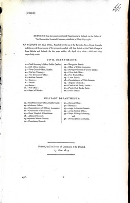  - ( Ireland ) An Account of all Coal Supplied for the use of Barracks, Navy, royal Arsenals and the several departments of government supplied for the years ending 5th april 1813,1814,1818 and 1819 -  - KEX0309867