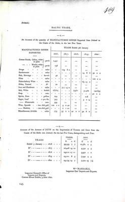  - ( Ireland ) Baltic Trade An Account of the Quantity of Mannufactured Goods exported from  Ireland to the coastof the Baltic in the last five years ending 5th January 1816,1817,1818,1818 and 1820 -  - KEX0309873