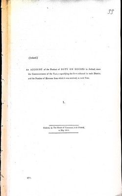  - ( Ireland) An Account of the product of Duty on Houses in Ireland,since the Commencement of the TaxSpecifying the Sum collected in Each Districtand the number of Houses. -  - KEX0309876