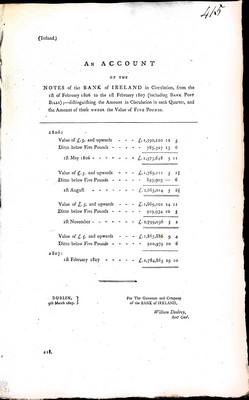  - ( Ireland) An Account of the Notes of The Bank of Ireland in circulation from the first day of February 1816 to 1st of February 1807 -  - KEX0309879