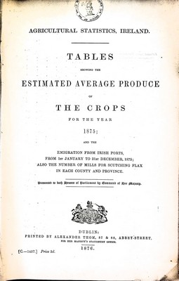  - Agricultural Statistics Ireland.Tables Showing The Estimated Average Produce of the crops for the year 1875 and the Emigration from Irish Ports -  - KEX0309892