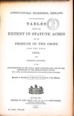  - Agricultural Statistics Ireland.Tables showing the Extent in Statue Acres and the Produce of the crops for the year 1882 with observations of the Sub-Inspectors of the Royal Irish Academy -  - KEX0309893