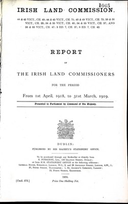  - Irish Land Commission Report of the Irish Land Commissioners for the Period 1st April 1918 to 31st march 1919 -  - KEX0309927