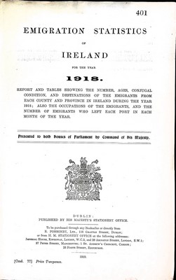  - Emigration Statistics of Ireland for the year 1918. -  - KEX0309932