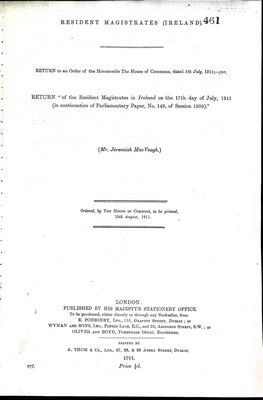 Jewemiah Macveagh - Resident Magistrates ( Ireland ):Return of the Resident magistrates in Ireland onthe 17th day of July1911 -  - KEX0309941