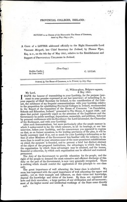  - Provincial Colleges Ireland: A Copy of a letter addressedoffically to the right Honourable Viscount Morpeth by Thomas Wyse on the 8th day of May 1841relative to the establishment and support of Provincial Colleges in Ireland -  - KEX0309952